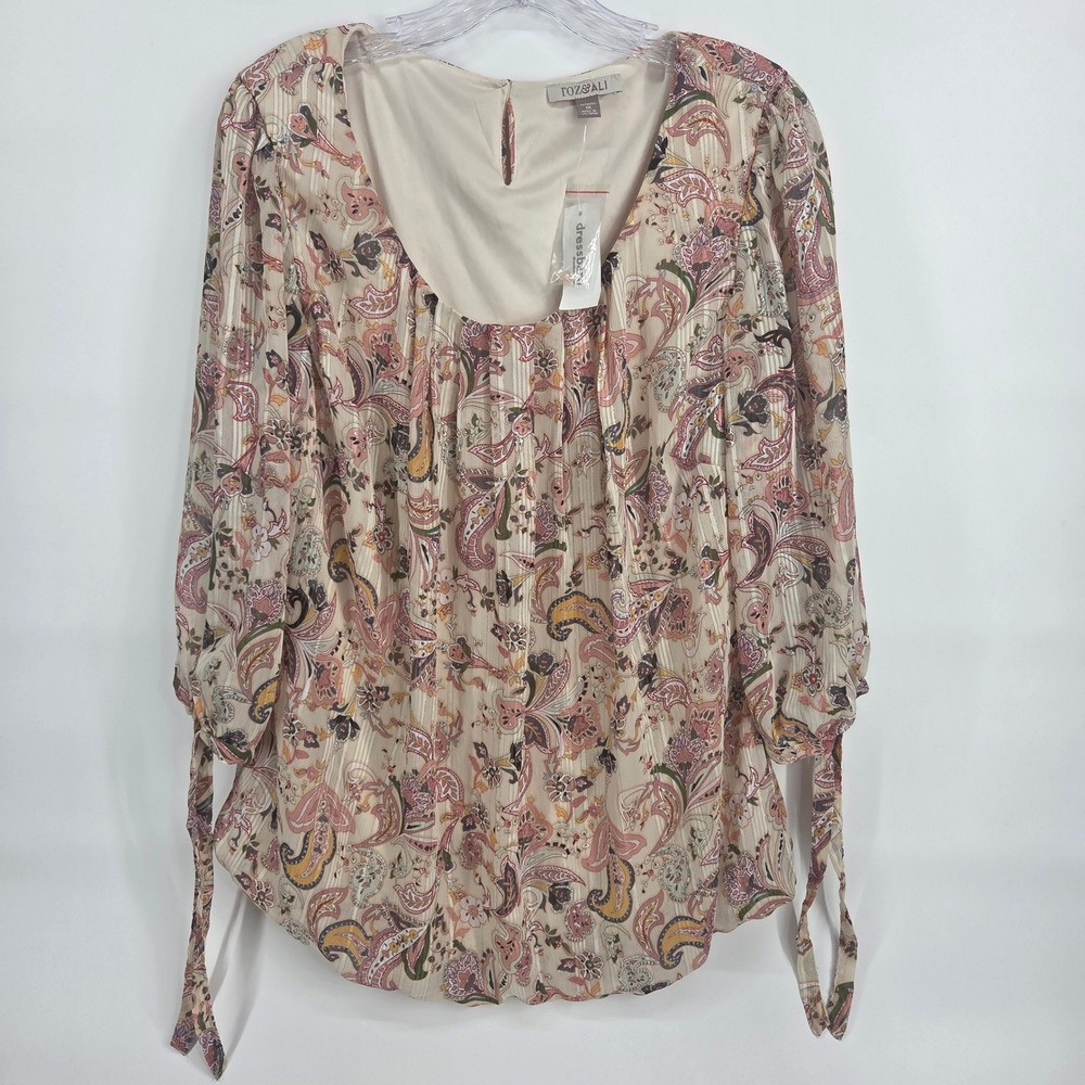 Roz & Ali Blouse 1X Pink Paisley Metallic Lurex Boho Art-Inspired Top NWT